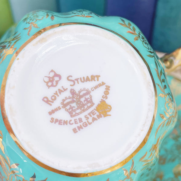 Royal Stuart Spencer Stevenson daisy shape teacup trio turquoise gilt filigree