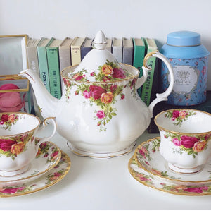 Royal Albert Old Country Roses tea for two, large teapot two teacup trios, 1st quality
