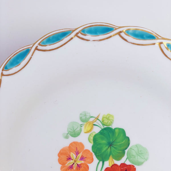 Antique Minton style dessert plate, central handpainted floral study, turquoise