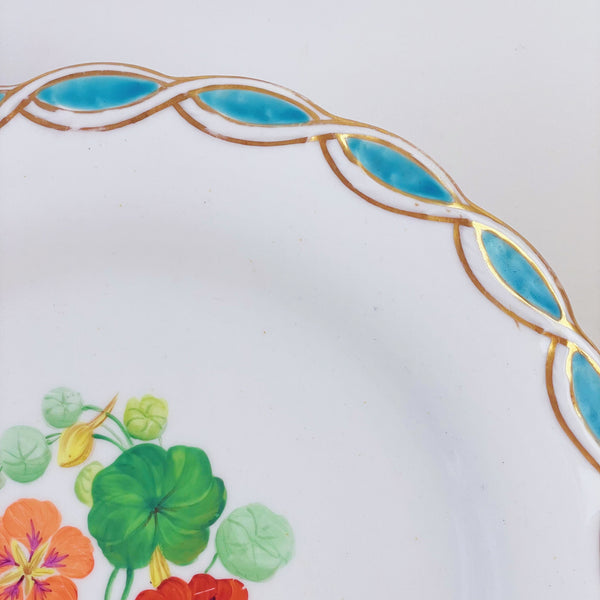 Antique Minton style dessert plate, central handpainted floral study, turquoise