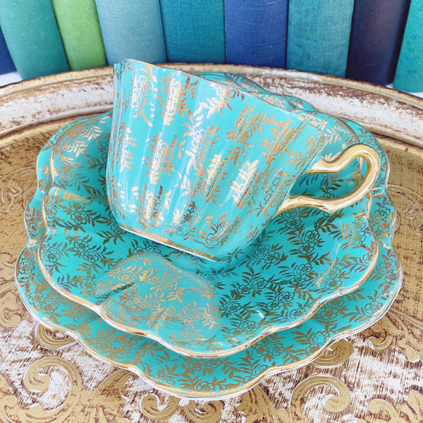 Royal Stuart Spencer Stevenson daisy shape teacup trio turquoise gilt filigree