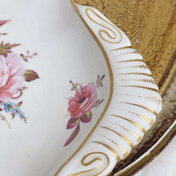 Antique handpainted Charles Bourne serving dish, shell handle, 19th century