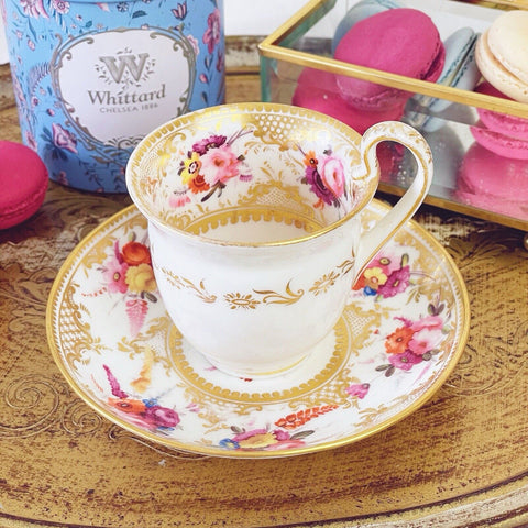 Antique Coalport Empire shape cup and saucer, c1820, handpainted flowers.