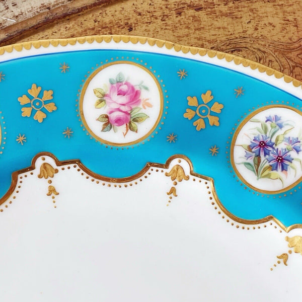 Antique Minton turquoise enamelled dessert plate, handpainted cabbage roses 1863