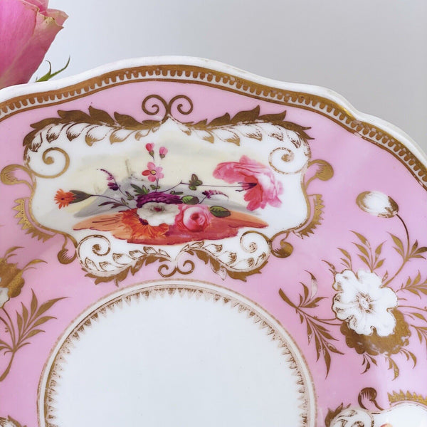 Antique Yates cake plate, pink ground with handpainted floral cartouches c.1825