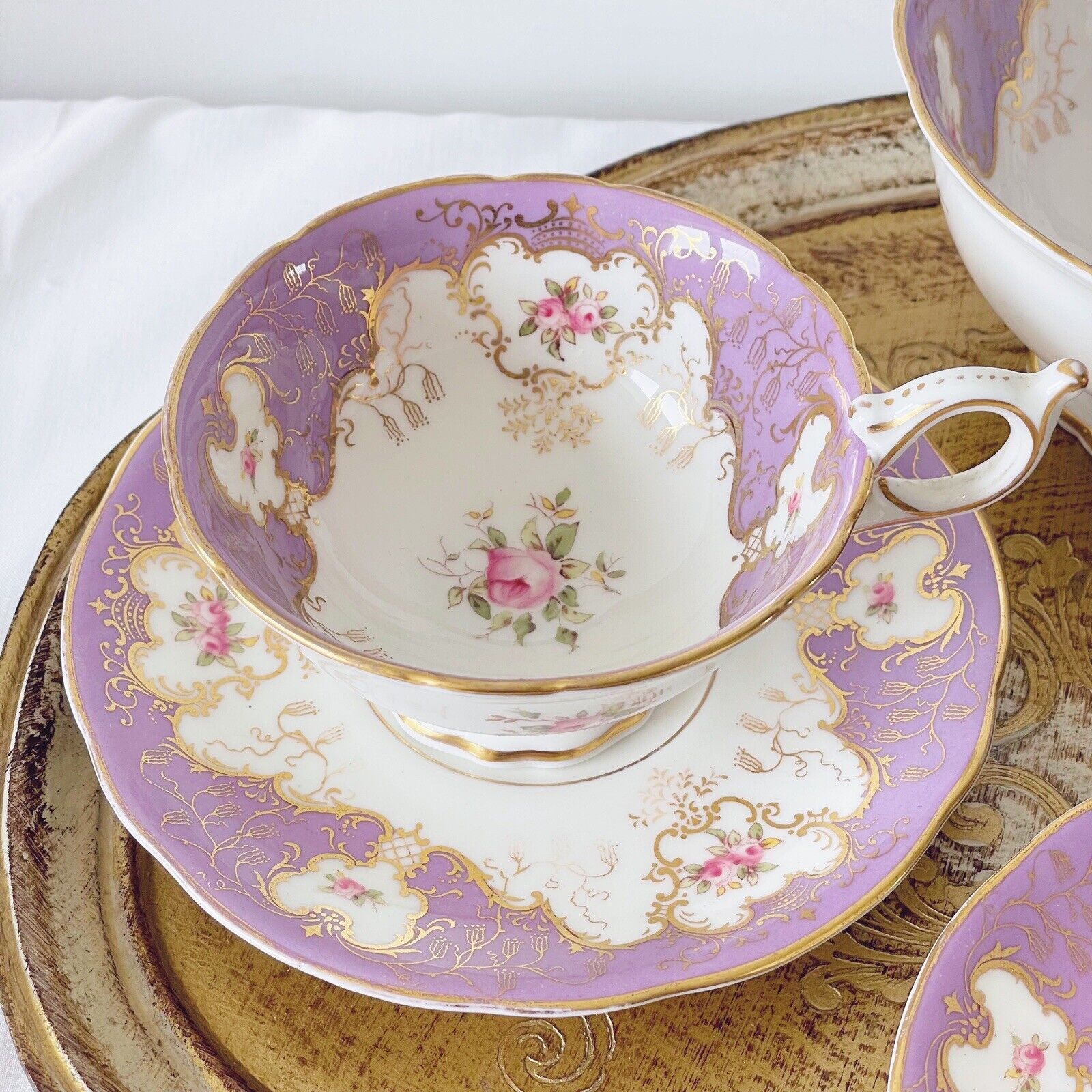 Coalport cabinet cup, lilac ground, handpainted cabbage roses batwing interest B