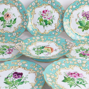 Samuel Alcock dessert service, six plates two comports, turquoise handpainted