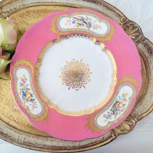 Antique Coalport plate, Sèvres style, handpainted birds, pink ground, turquoise