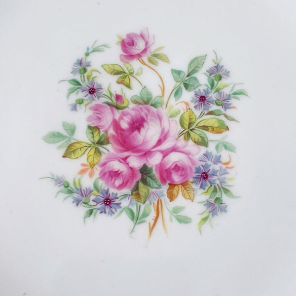 Antique Minton turquoise enamelled dessert plate, handpainted cabbage roses 1863