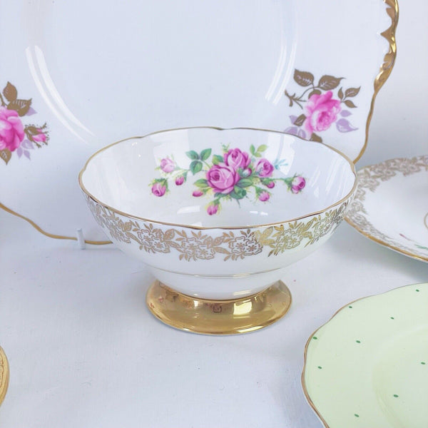 Vintage mismatch 21 piece tea set, pinks and greens, cake plate, trios, jug bowl