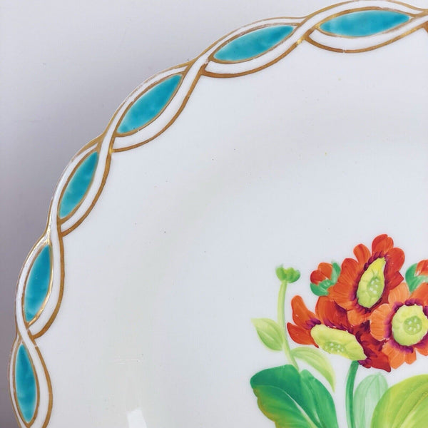 Antique Minton style dessert plate, central handpainted floral study, turquoise