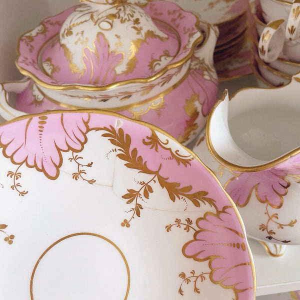 Antique Ridgway tea set, pink and gold, teapot, cake plate, sucrier, true trios