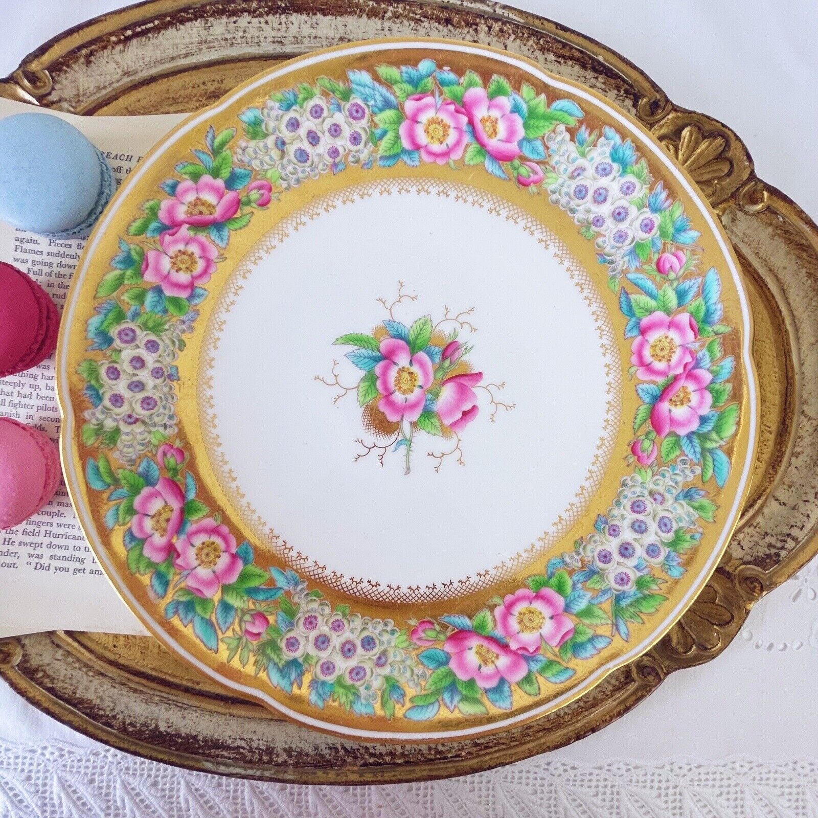 Antique Coalport large plate, handpainted pink roses, auriculas, flooded gilt