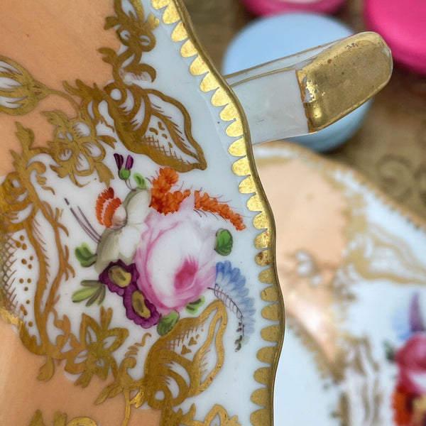 Antique Coalport Old English teacup and saucer, peach ground, flowers, shells