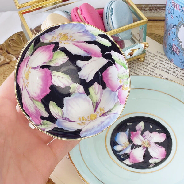 Vintage Paragon cabinet cup & saucer, pink & blue roses, black ground, duck egg