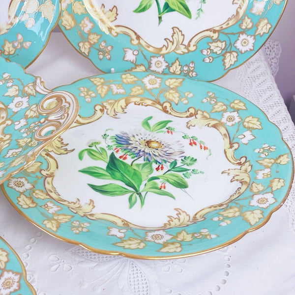 Samuel Alcock dessert service, six plates plus comport, turquoise handpainted