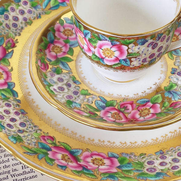 Antique Coalport teacup and saucer set with large plate, handpainted roses, gilt