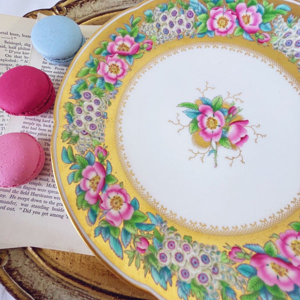 Antique Coalport teacup and saucer set with large plate, handpainted roses, gilt