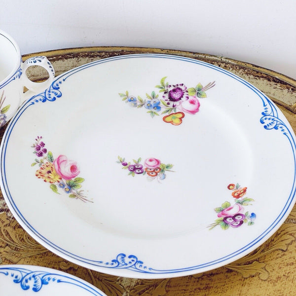 Antique Coalport teacup trio, handpainted flowers and blue edging