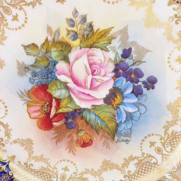 Aynsley J A Bailey signed 10.5 inch plate, handpainted cabbage rose, blue ground