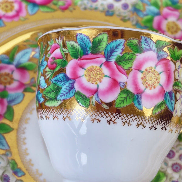 Antique Coalport teacup and saucer set with large plate, handpainted roses, gilt