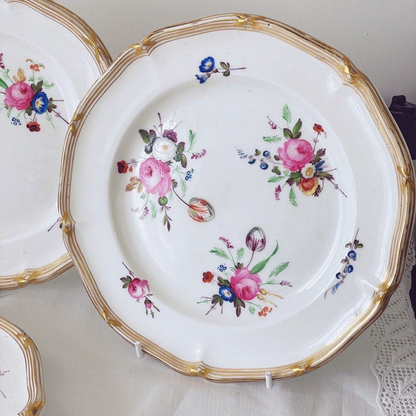 Set of four antique Davenport plates with handpainted flowers, dessert service