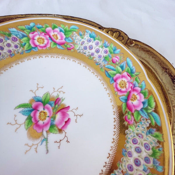 Antique Coalport large plate, handpainted pink roses, auriculas, flooded gilt