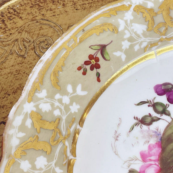 Antique Coalport moulded plate, c1820, handpainted with fruit and flowers