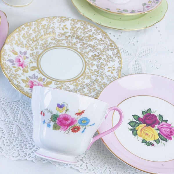 Vintage mismatch 21 piece tea set, pinks and greens, cake plate, trios, jug bowl