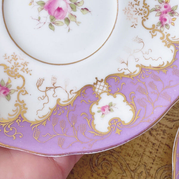 Coalport cabinet cup, lilac ground, handpainted cabbage roses batwing interest B