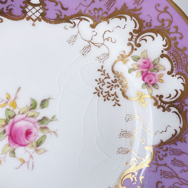 Set of four Coalport tea plates, lilac ground, handpainted cabbage roses