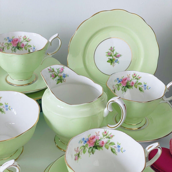 Royal Albert harlequin green teacup trio or milk jug/ sugar bowl, Moss Rose