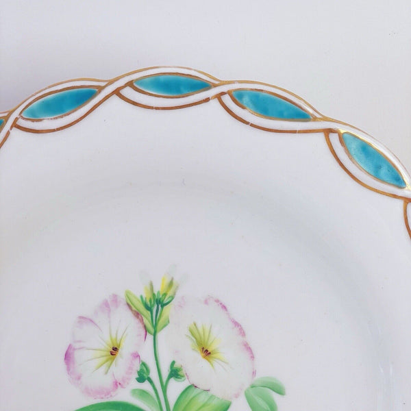 Antique Minton style dessert plate, central handpainted floral study, turquoise