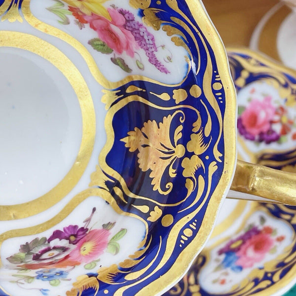 Antique Ridgway true trio teacup, coffee cup saucer, cobalt handpainted flowers