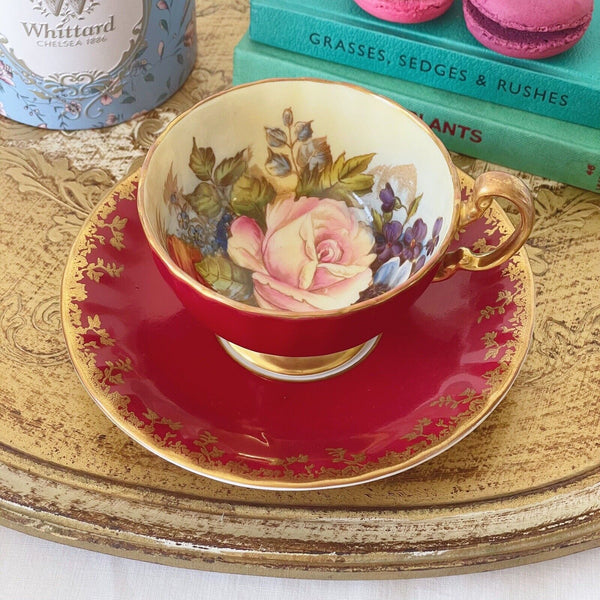 Vintage Aynsley J A Bailey cabbage rose teacup and saucer set, handpainted pink