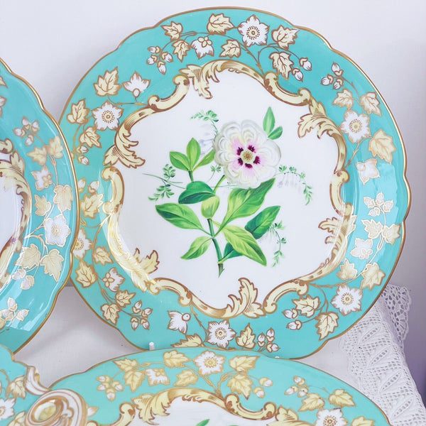 Samuel Alcock dessert service, six plates plus comport, turquoise handpainted