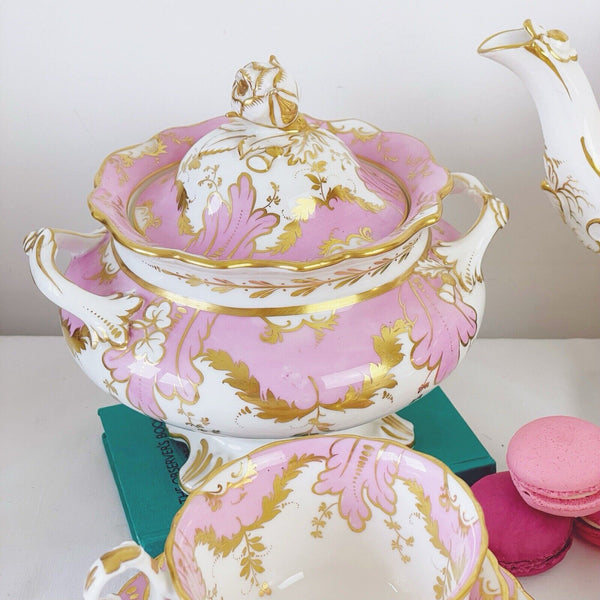 Antique Ridgway tea set, pink and gold, teapot, cake plate, sucrier, true trios