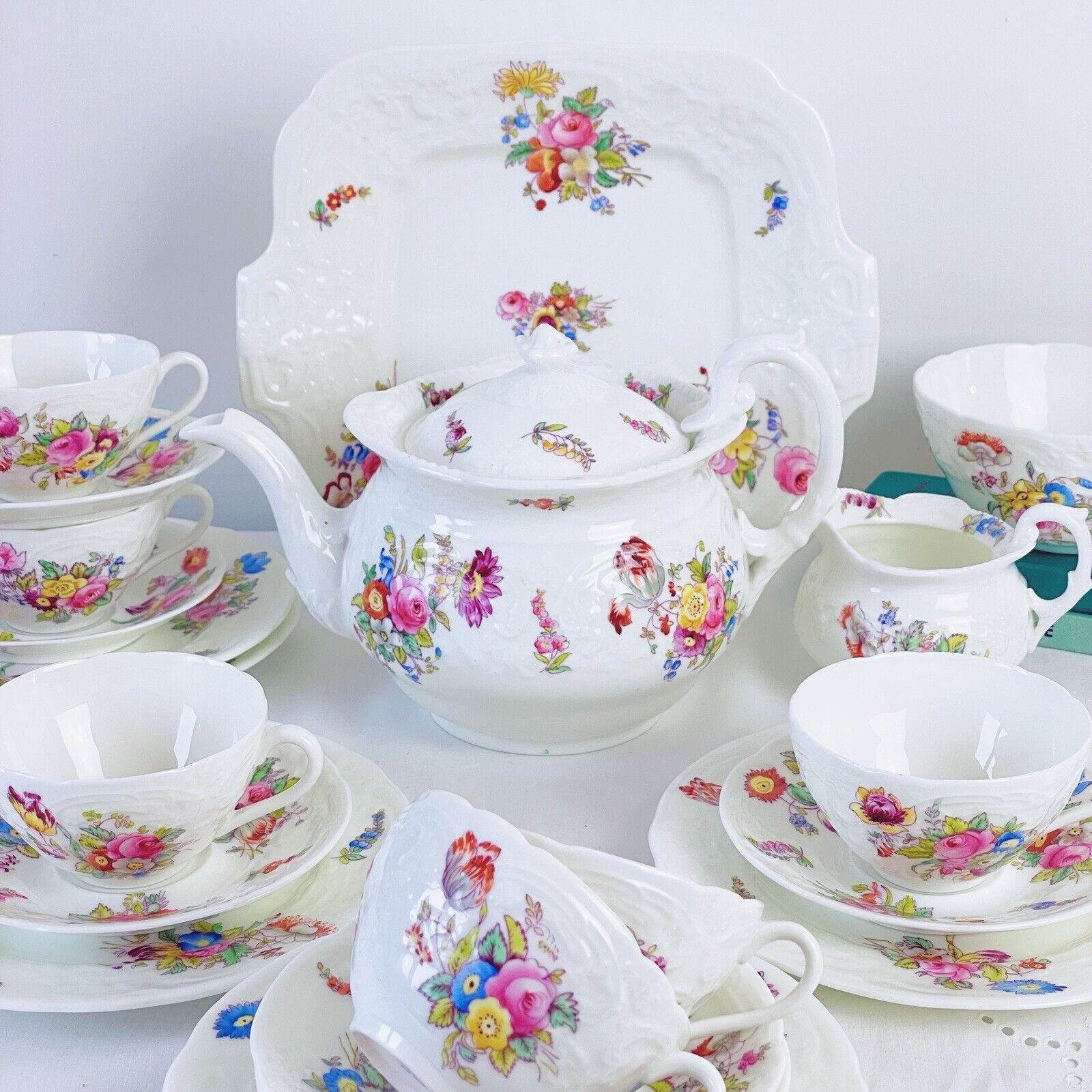 Coalport Sevres antique tea set with teapot - handpainted flowers - 23 pieces