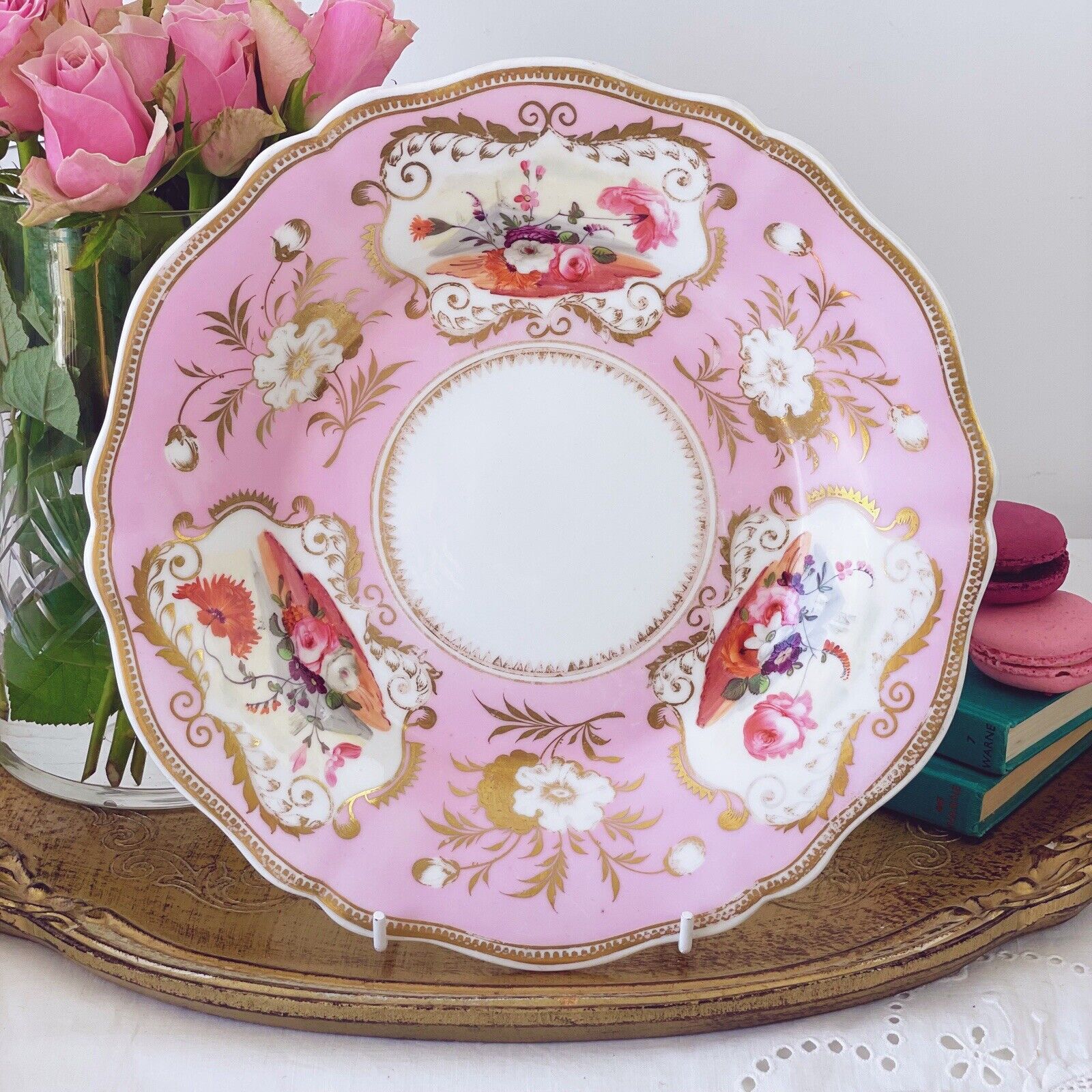 Antique Yates cake plate, pink ground with handpainted floral cartouches c.1825