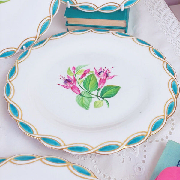 Antique Minton style dessert service, comport + 6 plates, cabbage rose turquoise