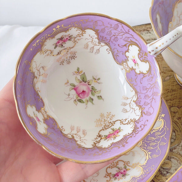 Coalport cabinet cup, lilac ground, handpainted cabbage roses, batwing interest