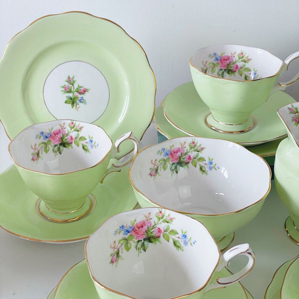 Royal Albert harlequin green teacup trio or milk jug/ sugar bowl, Moss Rose