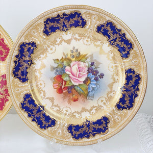 Aynsley J A Bailey signed 10.5 inch plate, handpainted cabbage rose, blue ground