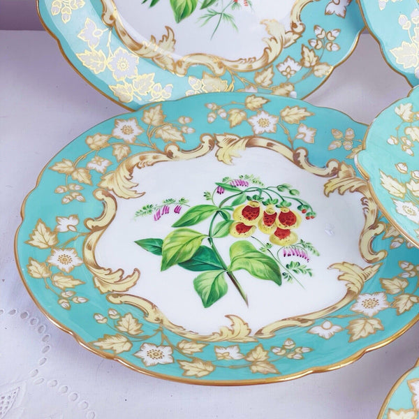 Samuel Alcock dessert service, six plates plus comport, turquoise handpainted