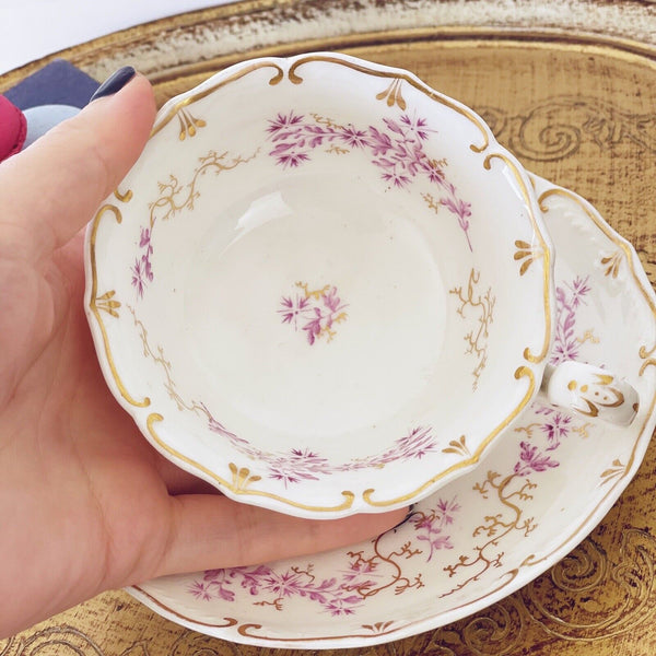 Antique Davenport teacup and saucer, lavender flowers