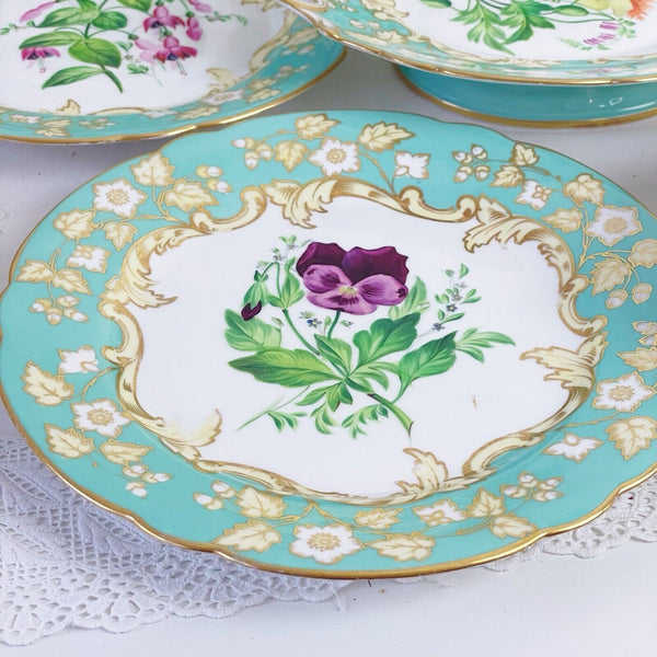 Samuel Alcock dessert service, six plates two comports, turquoise handpainted