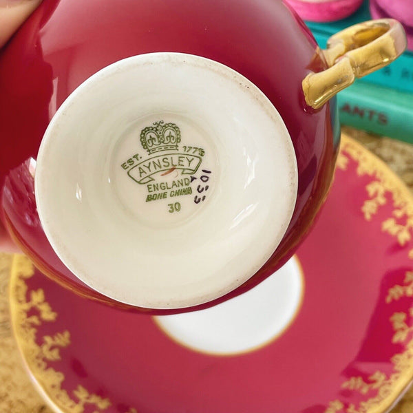 Vintage Aynsley J A Bailey cabbage rose teacup and saucer set, handpainted pink