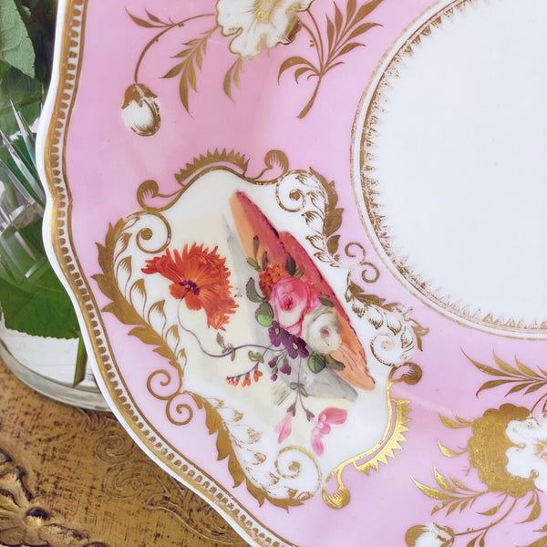 Antique Yates cake plate, pink ground with handpainted floral cartouches c.1825