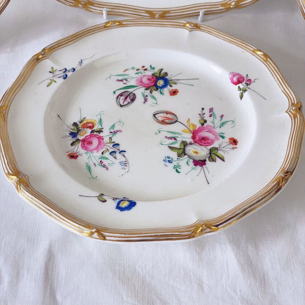 Set of four antique Davenport plates with handpainted flowers, dessert service