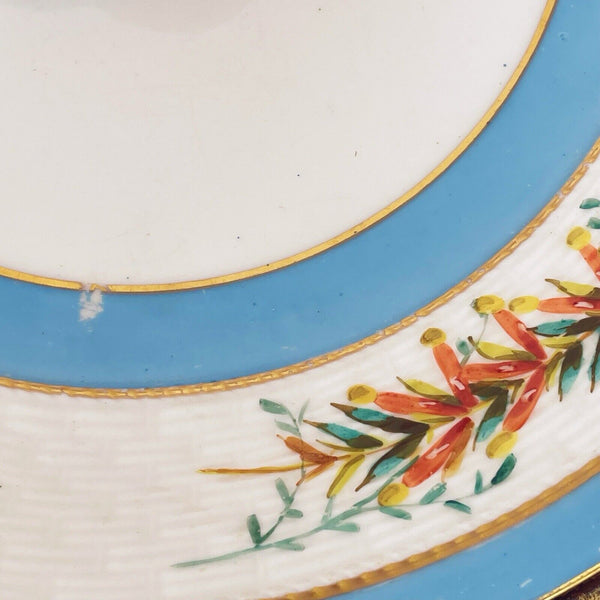 Antique Bodley plate, basketweave moulding, handpainted floral sprays, turquoise